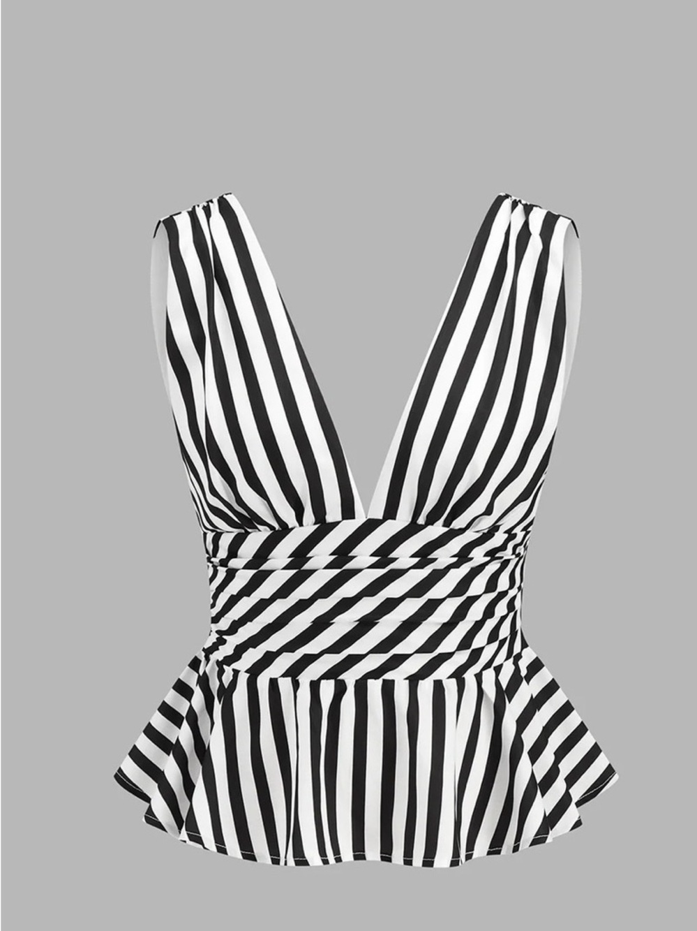 Black & White Striped V-Neck Peplum Top